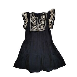 Gap Crinkle Gauze Embroidered Mini Dress Small Black Milkmaid Boho Festival